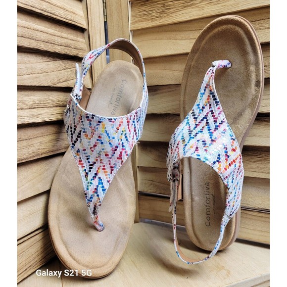 Comfortiva Calina White Multi Thong Wedge Sandal Women's Sleek Adj Strap 10W - Picture 3 of 10